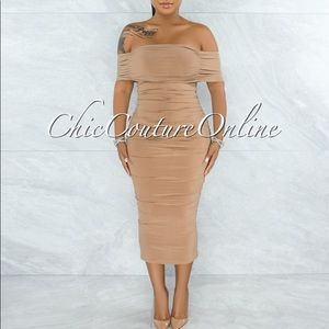 Nude Ruched Dress / Off Shoulder / Size Small